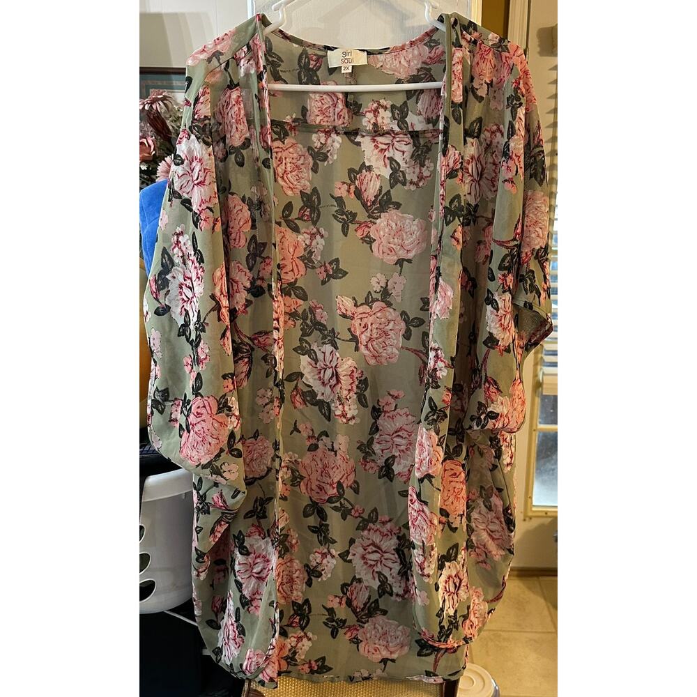 Girl Soul Beautiful Sheer Floral Kimono Style Drape‎ Pink Olive Green Size 2x